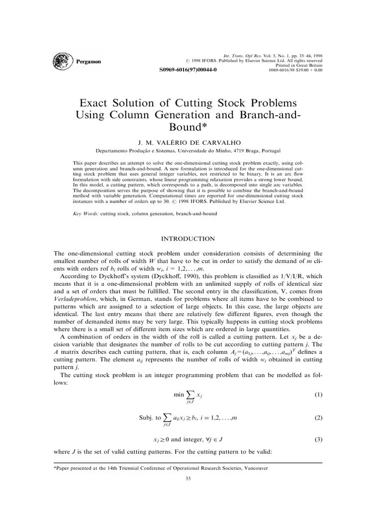 Decarvalho Exact Solution Cutting Stock Problems Using Column