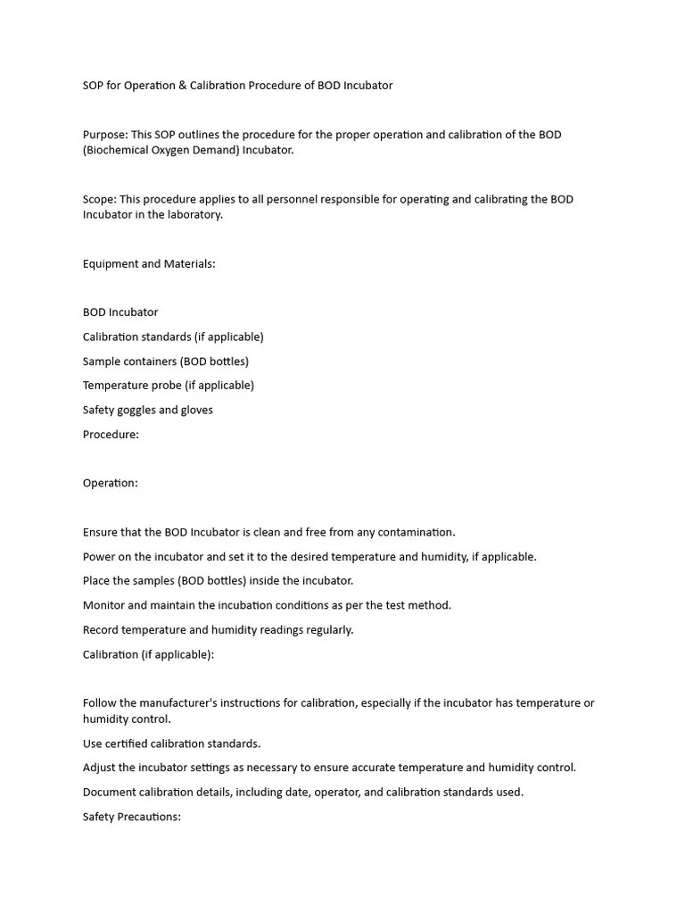 Sop For Operation & Calibration Procedure of Bod Incubator PDF