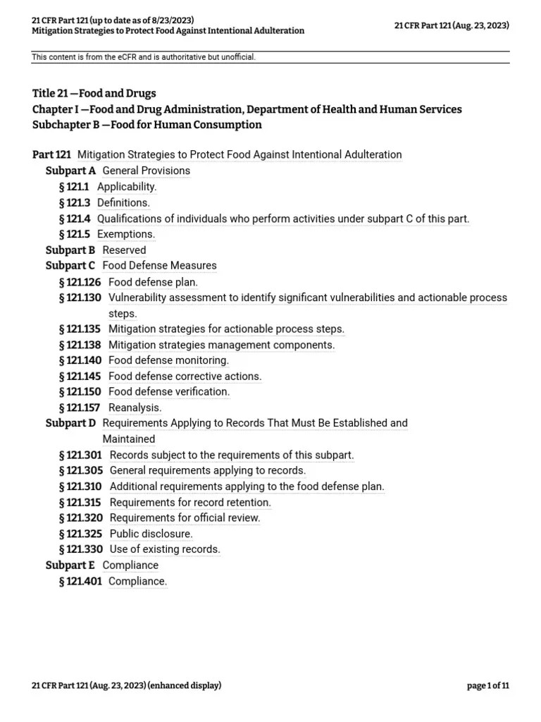 21 CFR Part 121 FDA Food Defence PDF Vulnerability