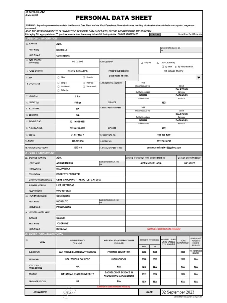 CS Form No. 212 Personal Data Sheet Revised PDF