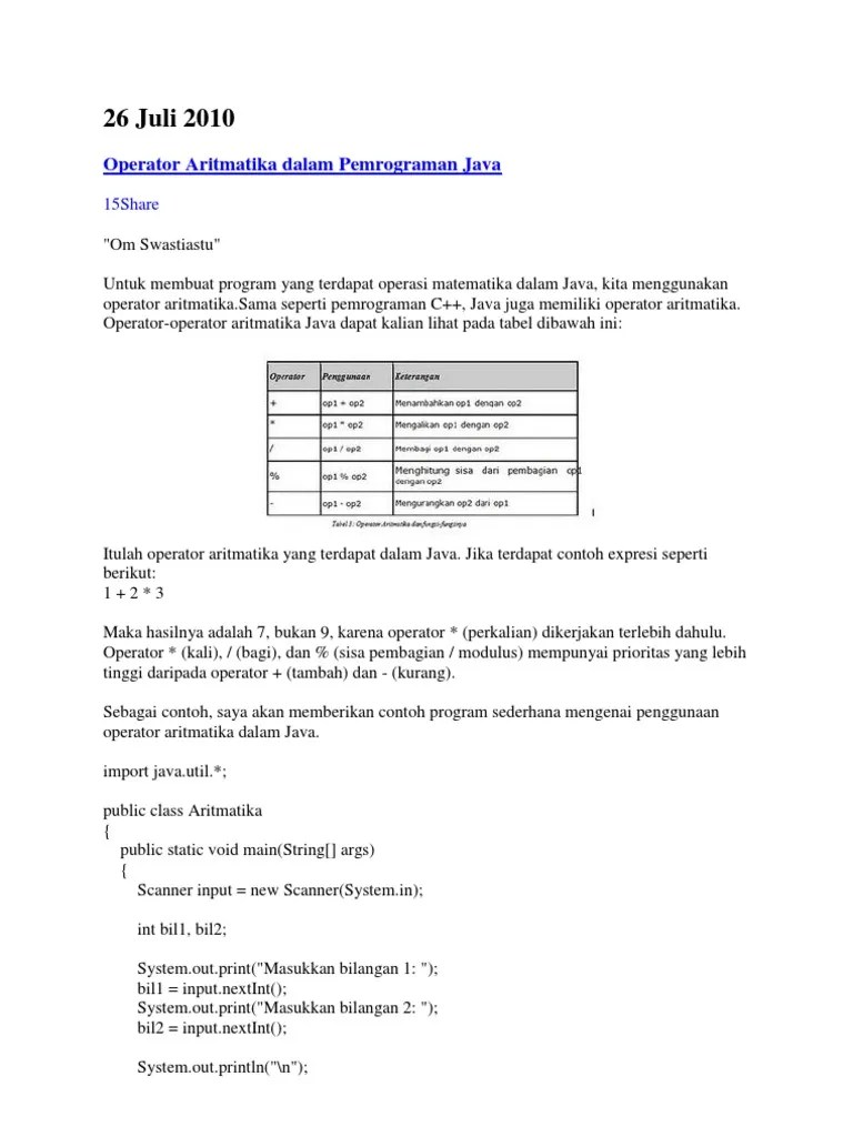 Operator Aritmatika Dalam Pemrograman Java