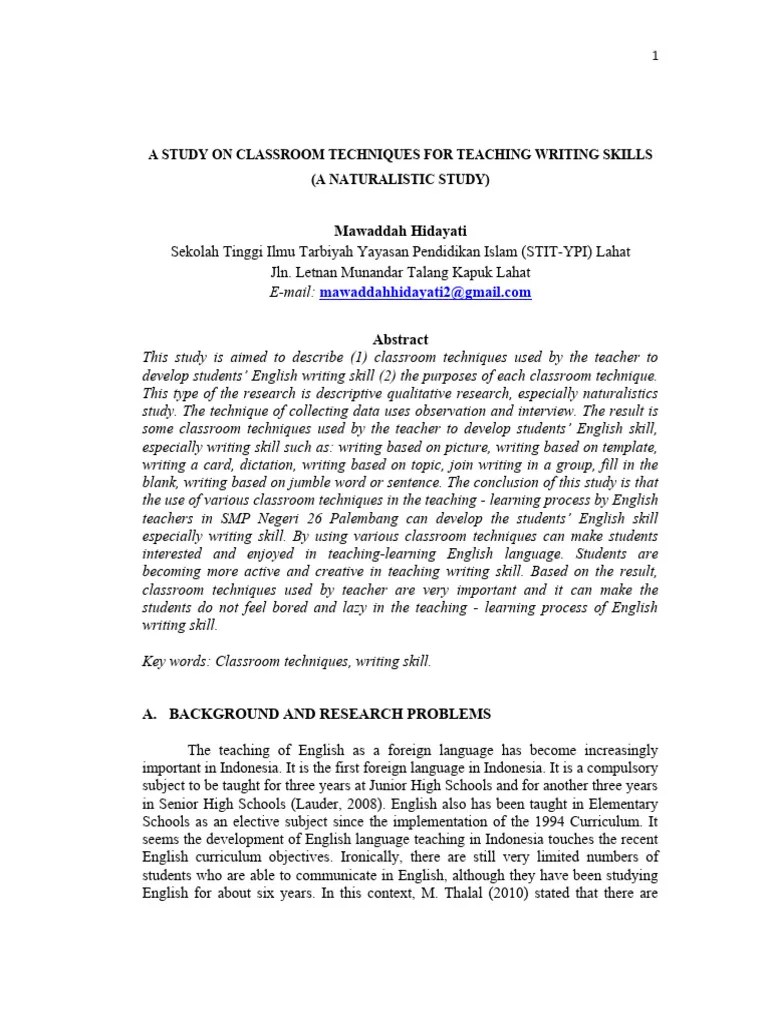 A Study on Classroom Techniques for Teaching Writing Skills (a