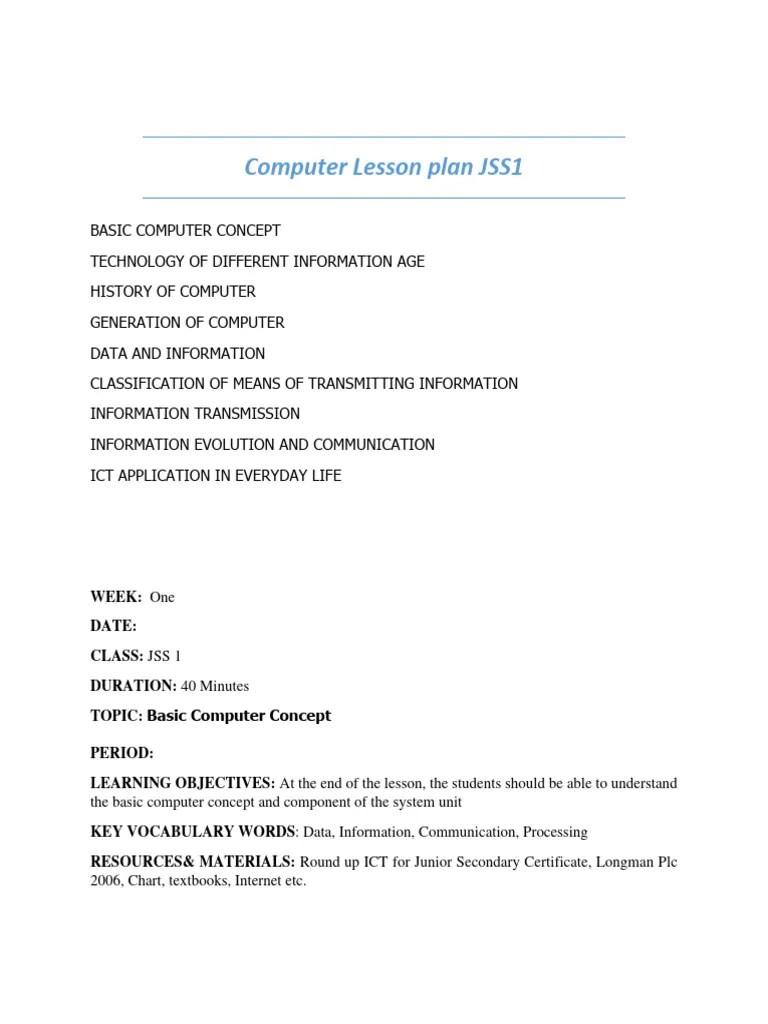 Computer Lesson Plan JSS1 PDF PDF Data Information