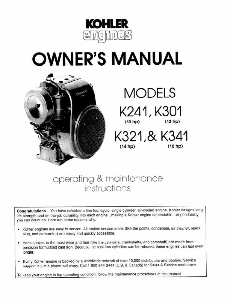 Kohler K Series Owners Manual Carburetor Gasoline