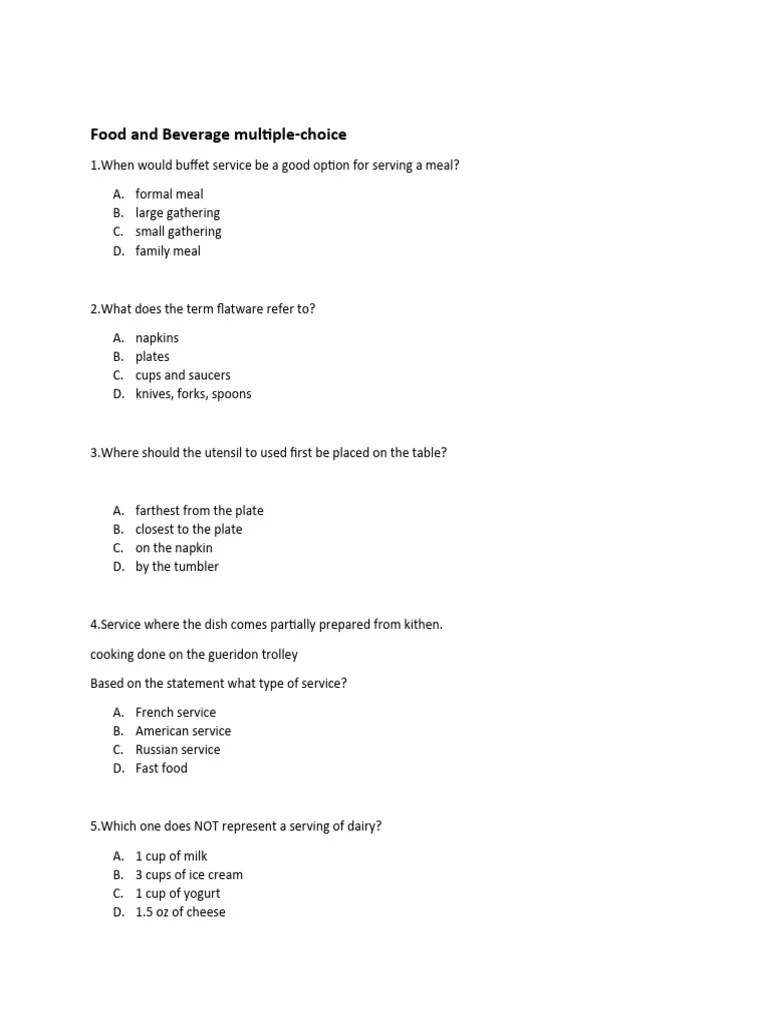 Food and Beverage Multiple Choice Questions PDF