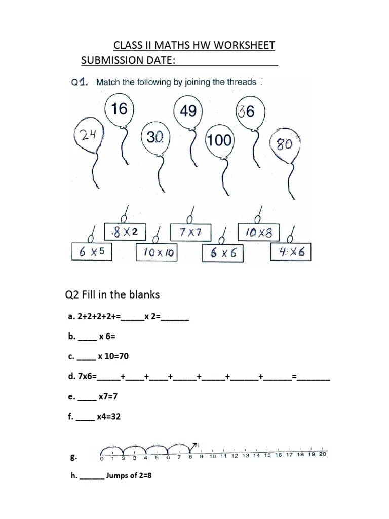CBSE Class 2 Maths Practice Worksheets (119) Multiplication PDF