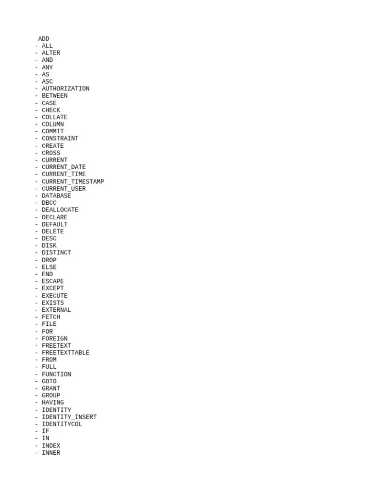 Keywords in sql server PDF