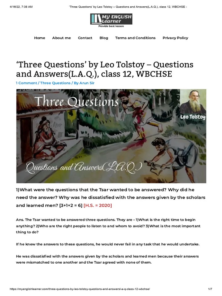 Three Questions' by Leo Tolstoy Questions and Answers (L.A.Q.), Class