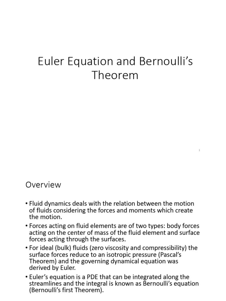 Euler Equation and Bernoulli's Theorem 1 Slide Per Page PDF