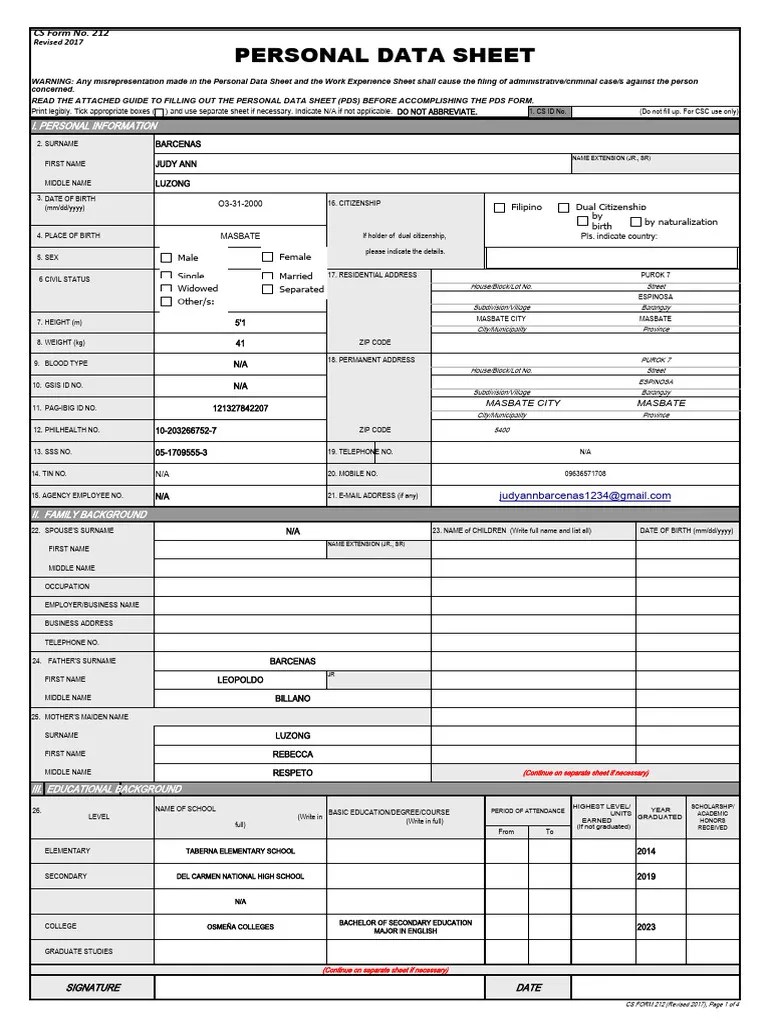 CS Form No. 212 Personal Data Sheet Revised PDF