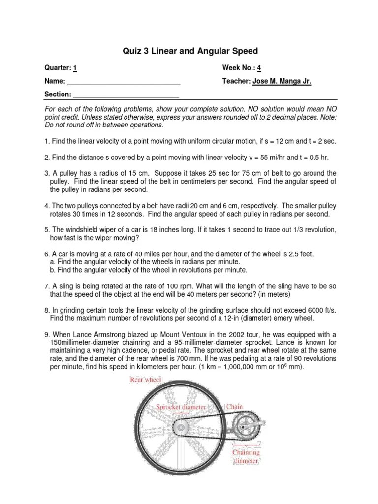 Quiz 3 Linear and Angular Speed PDF