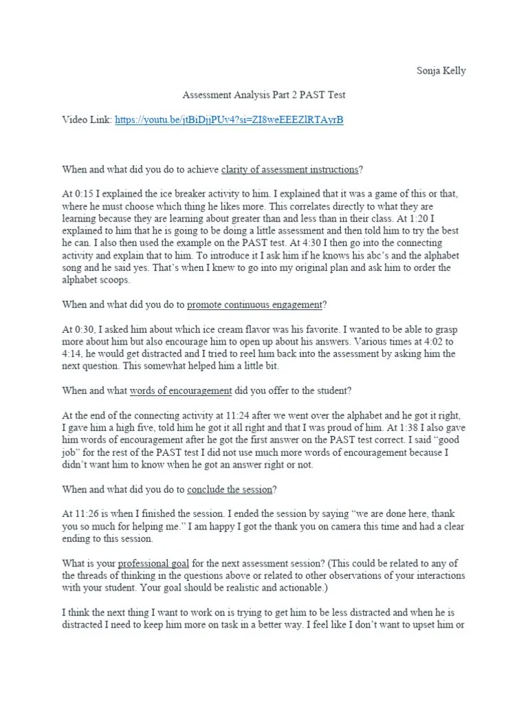 Assessment Analysis - Past Test Sonja Kelly | PDF