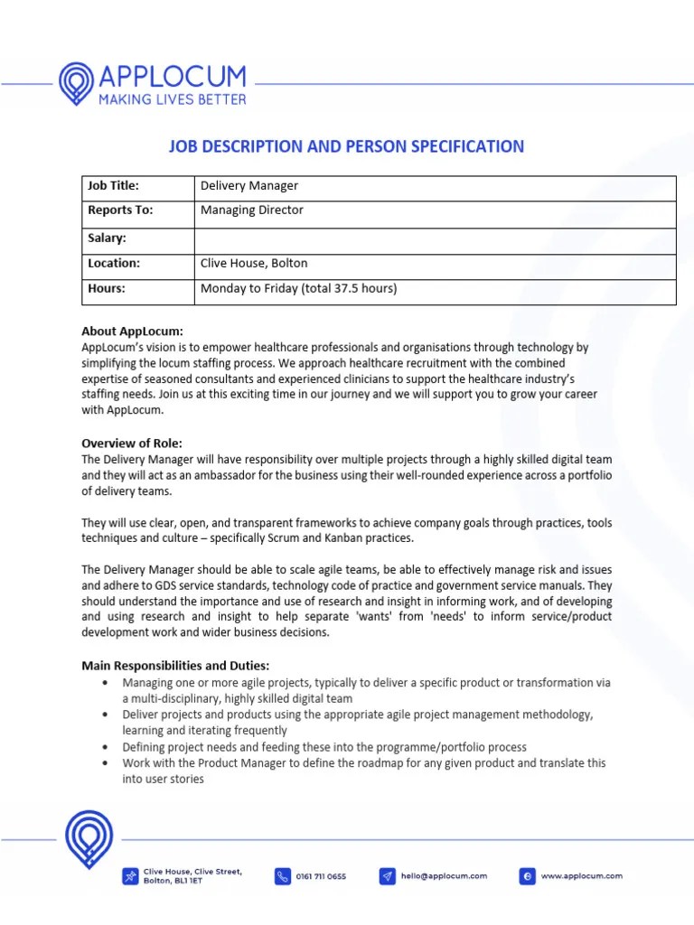 AppLocum Delivery Manager Job Description PDF