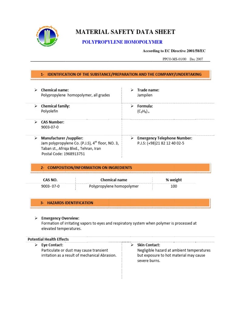 MSDS Polypropylene PDF Firefighting Hydrocarbons