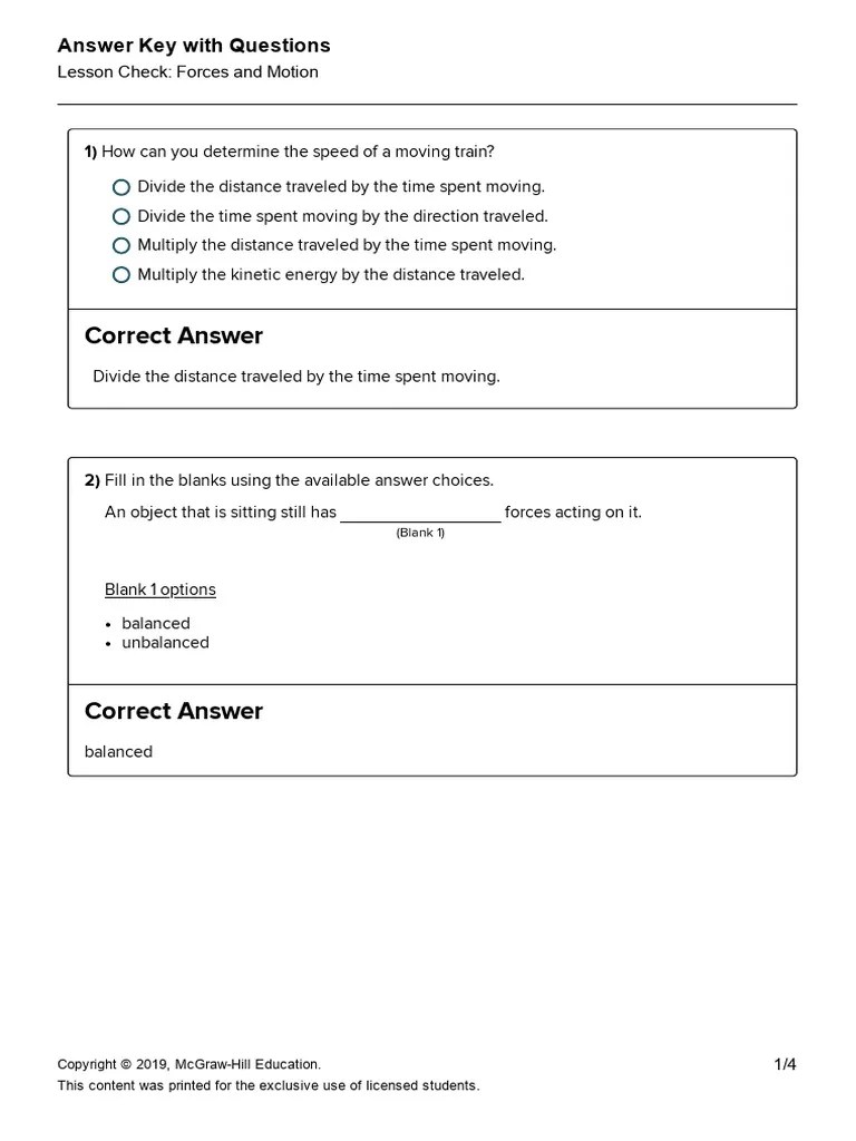 Lesson Check Answer Key Forces and Motion | PDF | Force | Mechanical