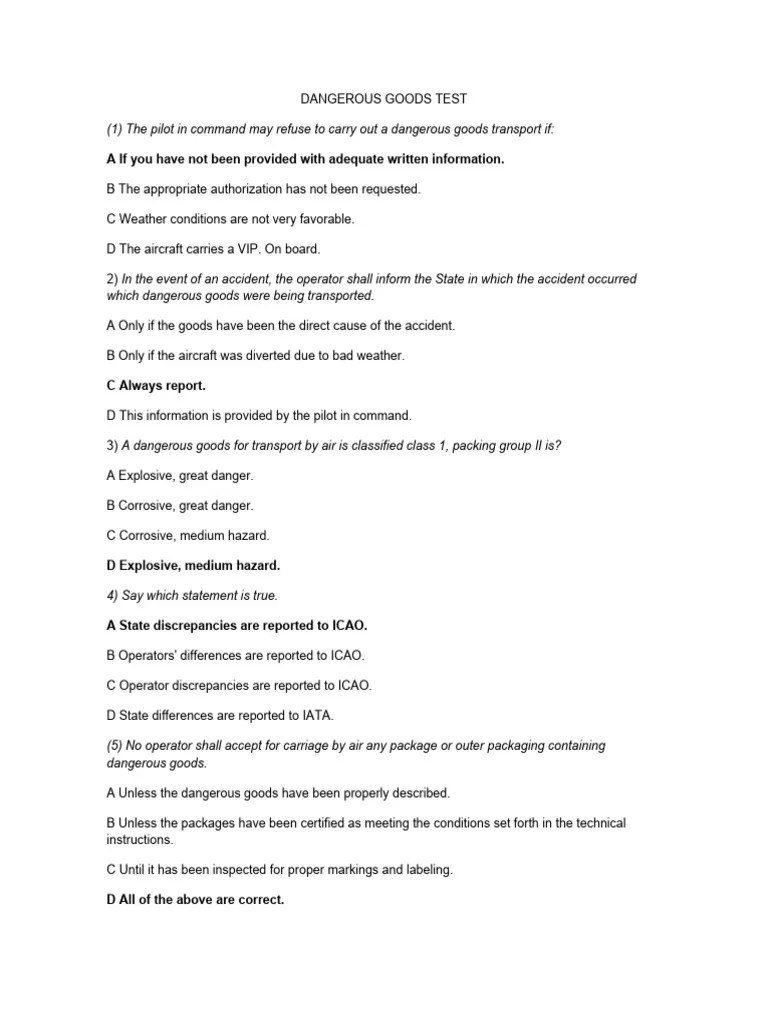 Dangerous Goods ANSWERS | PDF | Dangerous Goods | Aviation