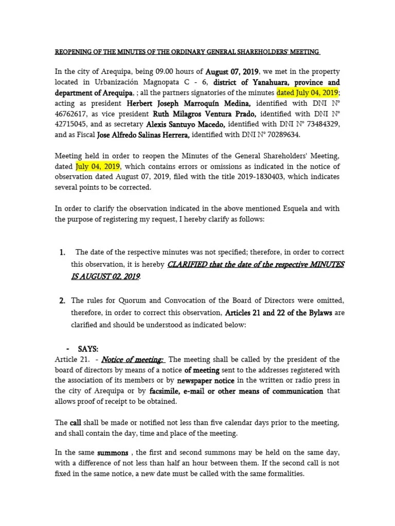 REOPENING OF THE MINUTES OF THE ORDINARY GENERAL ASSEMBLY ASSOCIATION