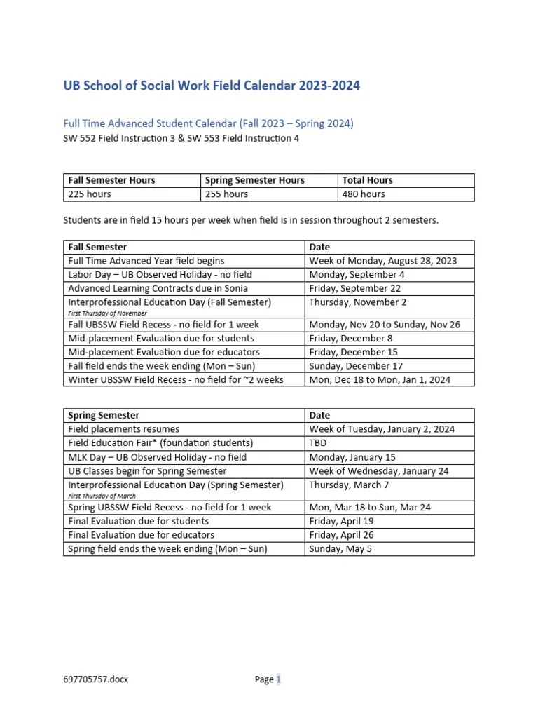 UB Social Work Field Calendar 20232024 PDF