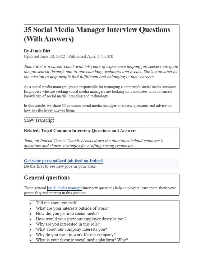 35 Social Media Manager Interview Questions PDF Popular Culture