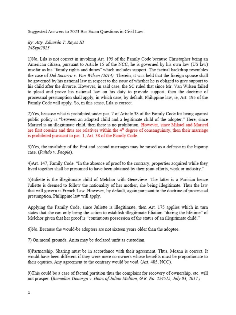 Suggested Answers to 2023 Bar Exam Questions in Civil Law (1) PDF