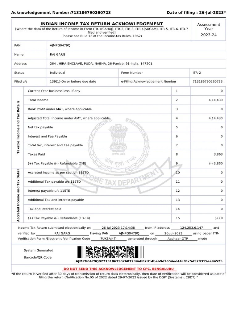 Indian Tax Return Acknowledgement Acknowledgement Number