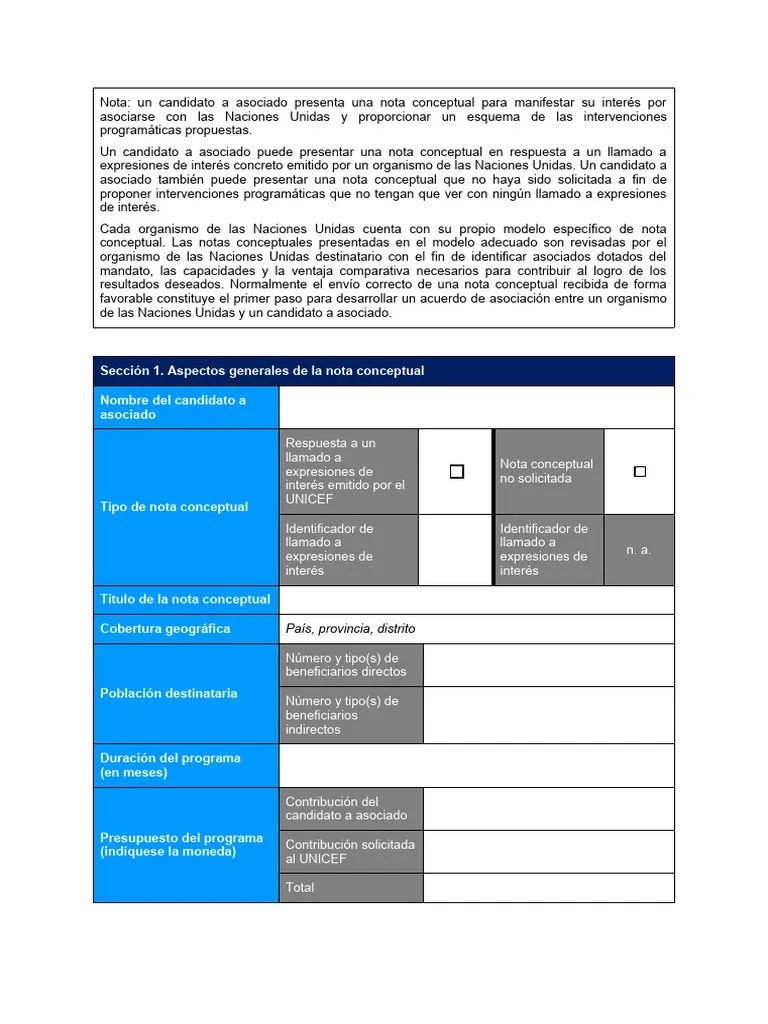 UNICEF_Concept_Note_Template_with_Guideline_ES_hyBvJ9t PDF Presupuesto Naciones Unidas