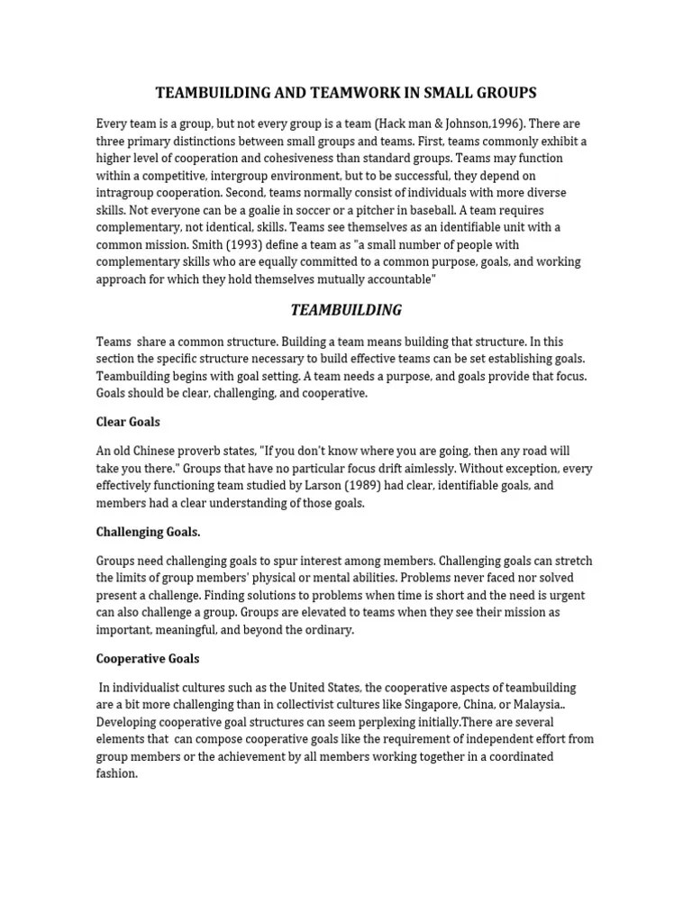 Teambuilding and Teamwork in Small Groups. PDF