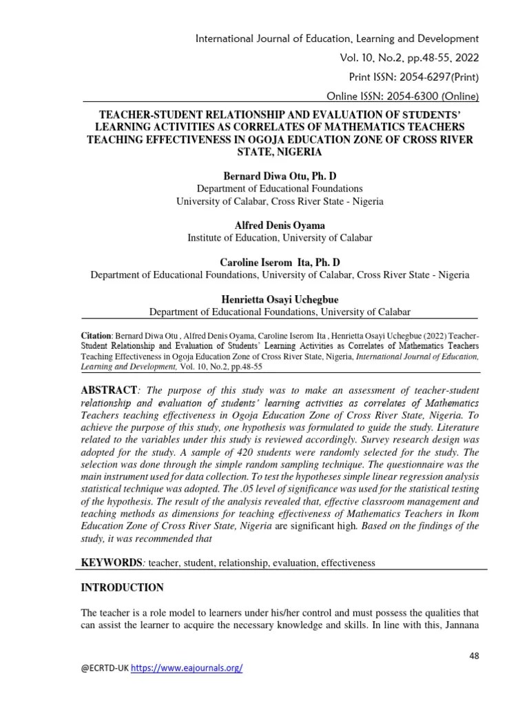 Teacher Student Relationship and Evaluation of Students Learning