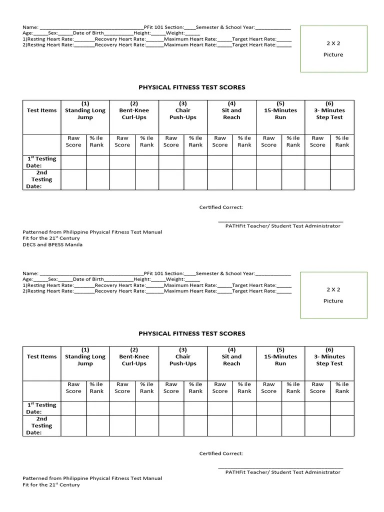 Physical Fitness Test Score Sheet PDF
