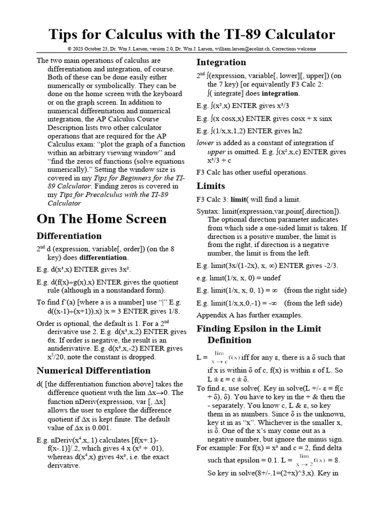 Tips For Calculus With The TI-89 Calculator | PDF
