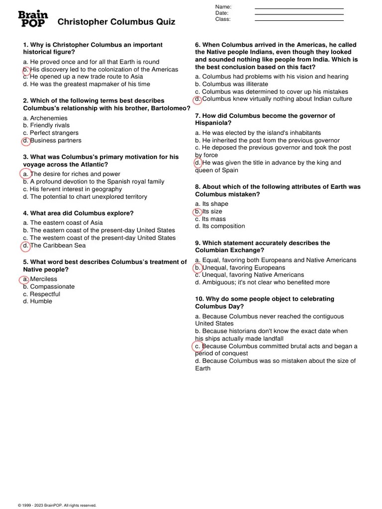 BrainPOP Christopher Columbus Quiz | PDF | Christopher Columbus