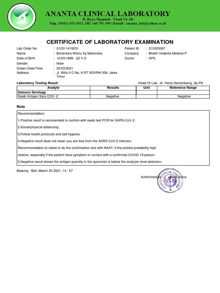 Certificate of Laboratory Examination Laboratory Testing Result
