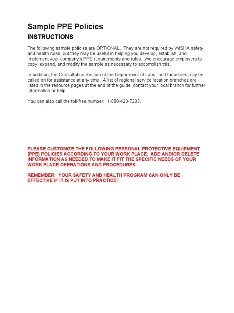 Sample Ppe Policies Personal Protective Equipment Safety