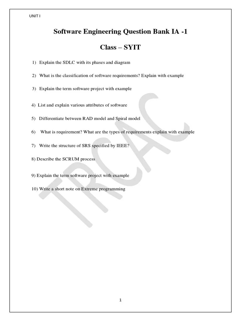 Software Engineering Question Bank IA 1 PDF