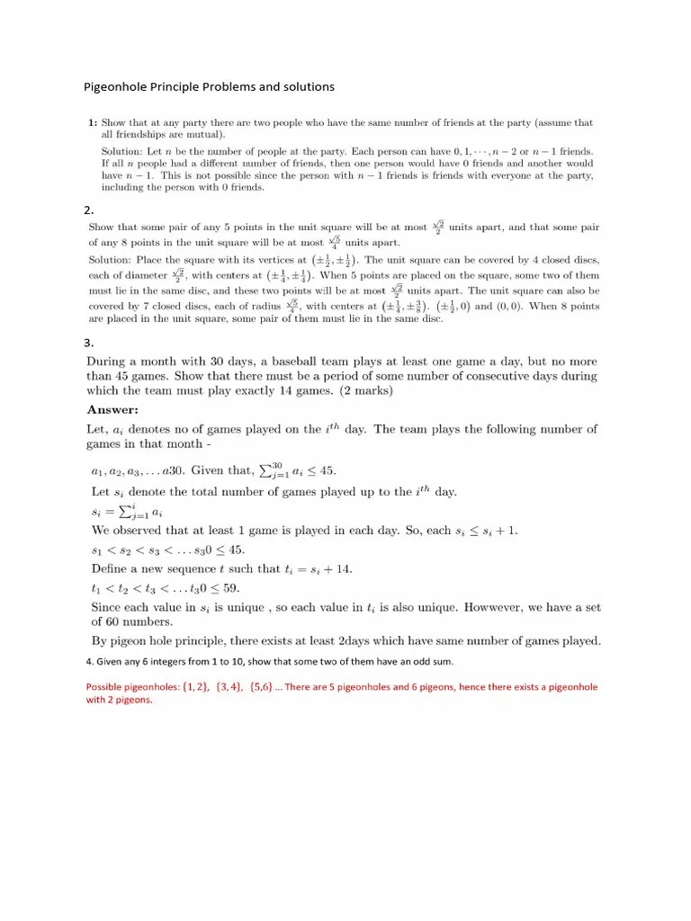 Pigeonhole Principle Problems and Solutions PDF Combinatorics Mathematical Concepts