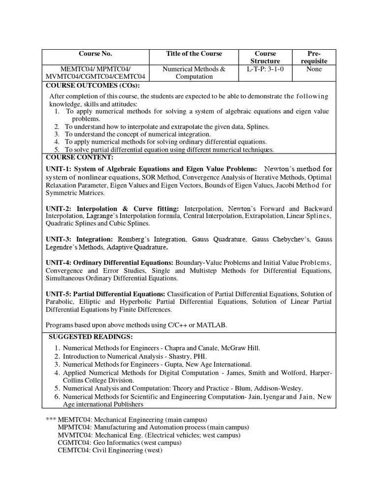 Numerical Methods and Computation Syllabus PDF Numerical Analysis