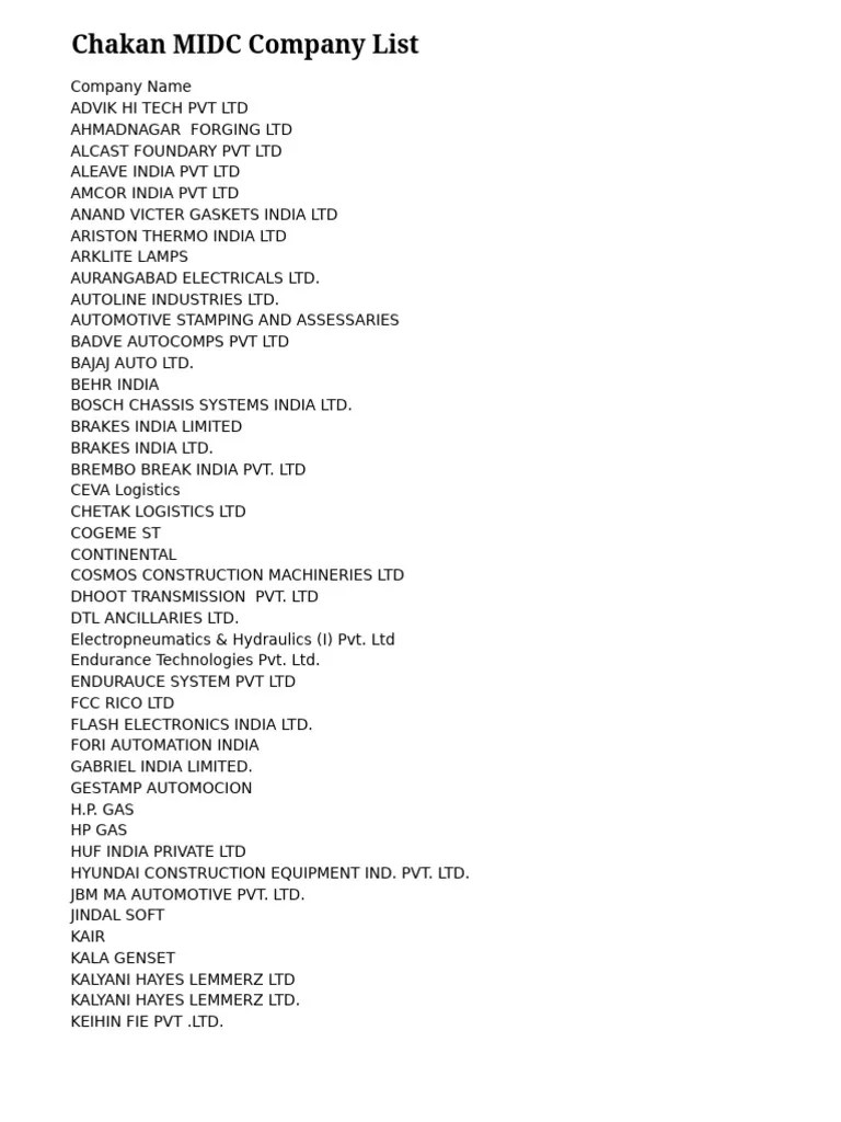 Chakan MIDC Company List PDF Companies Motor Vehicle