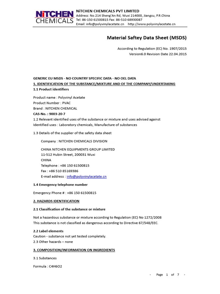 MSDSofpolyvinylacetatepvac Nitchen PDF