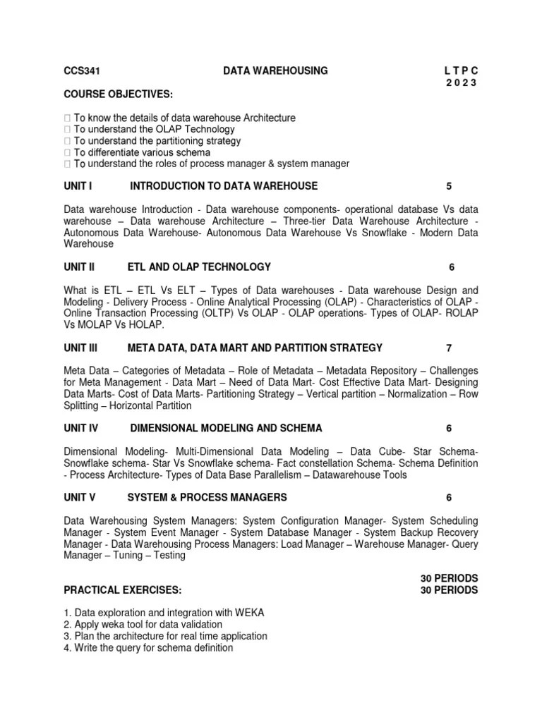 Ccs341 Data Warehousing PDF Data Warehouse Information Technology