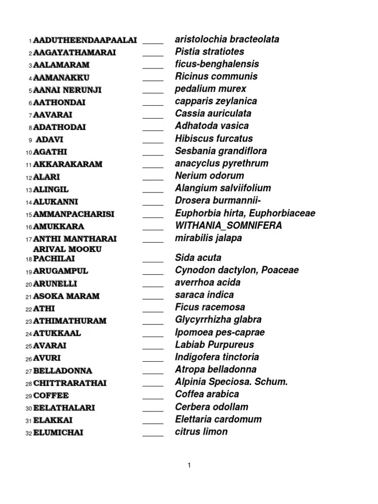 Tamil Name List of Medi Plants