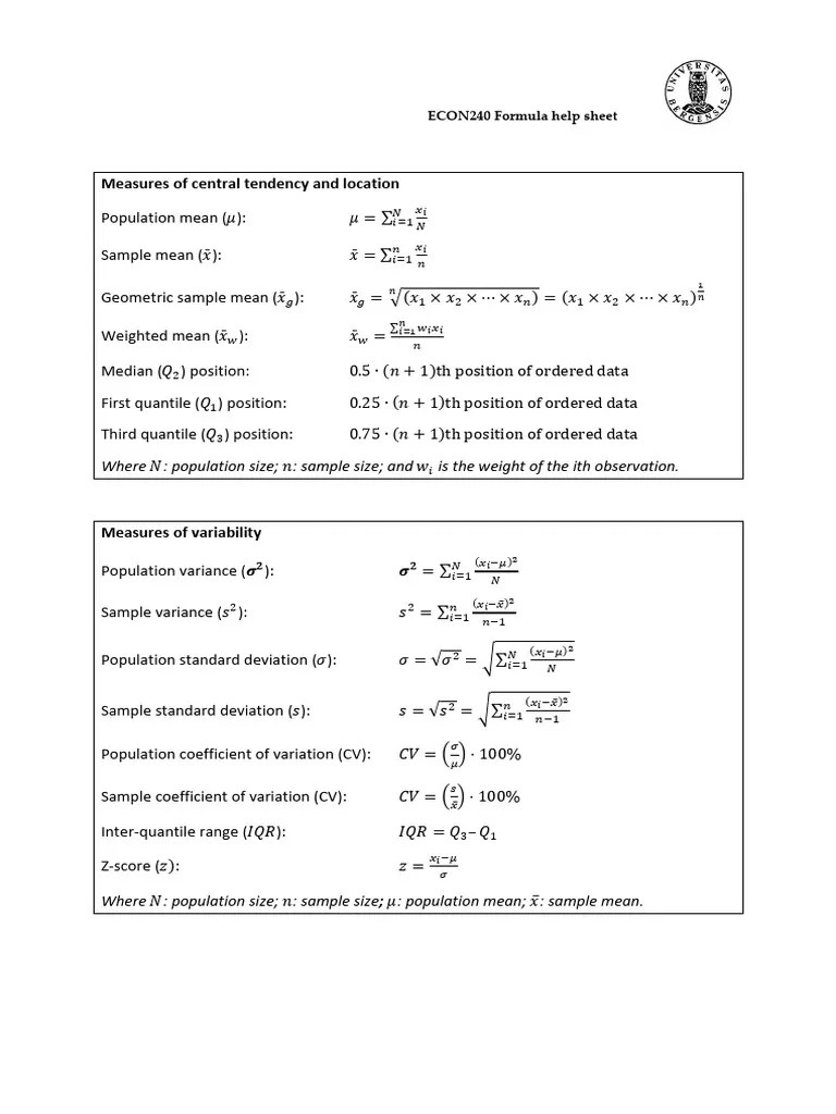 Formula Help Sheet PDF Errors And Residuals Standard Error