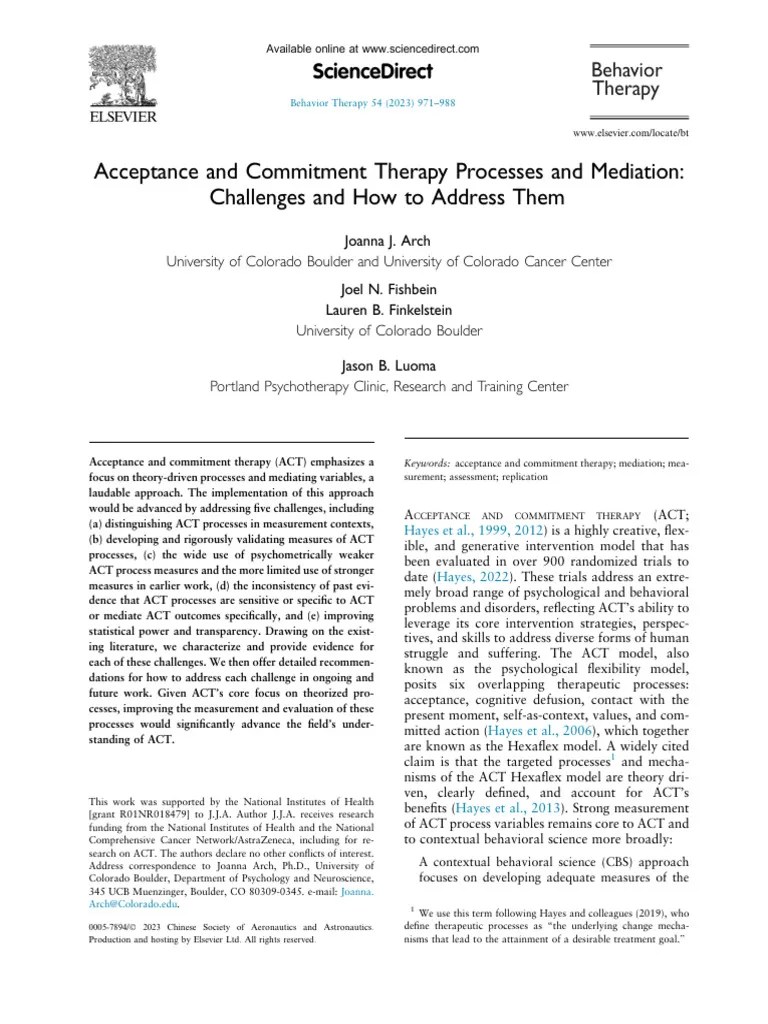 Acceptance and Commitment Therapy Processes and Mediation. Challenges