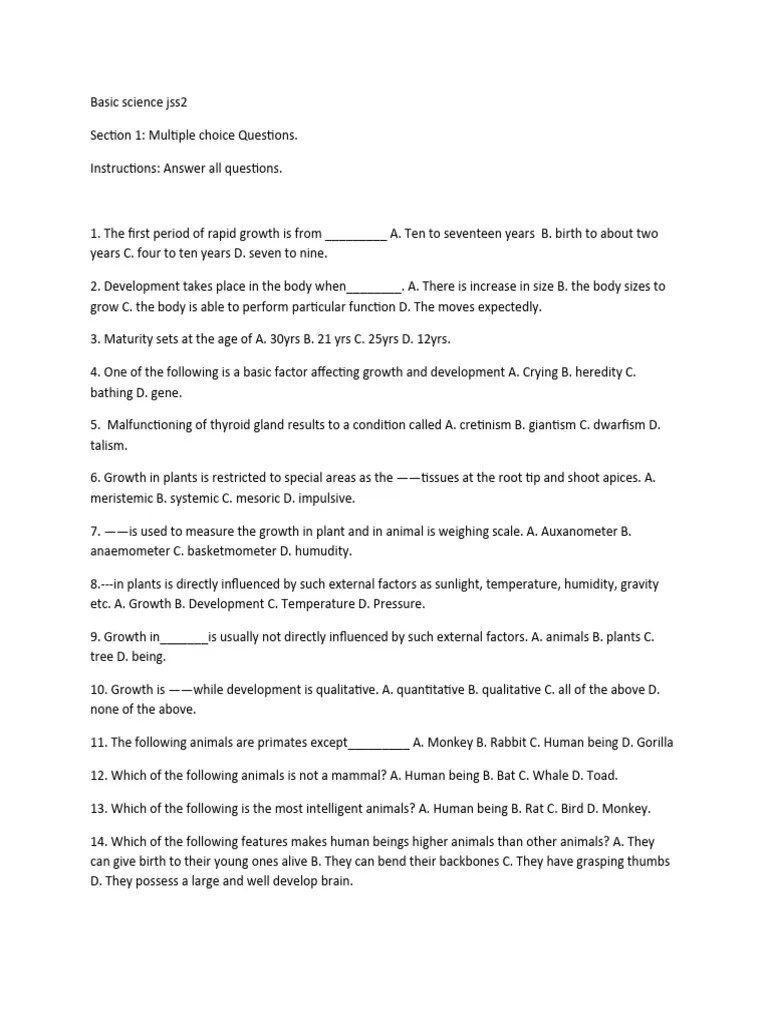 JSS2 Basicscience Exam PDF Habitat Predation