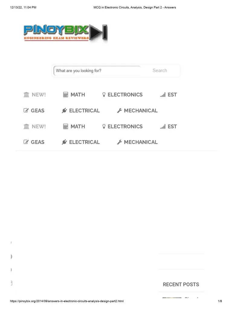 MCQ in Electronic Circuits, Analysis, Design Part 2 Answers PDF