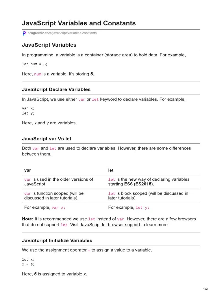 2 JavaScript Variables and Constants PDF Variable