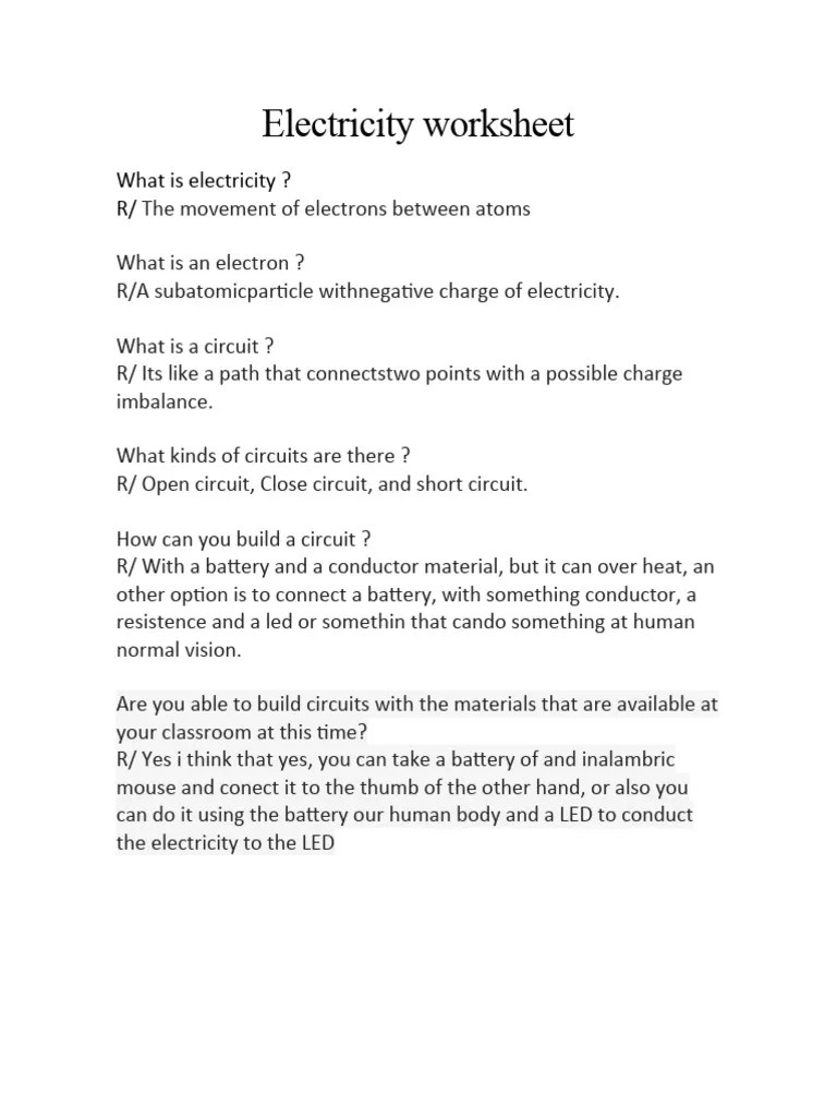 Electricity Worksheet PDF