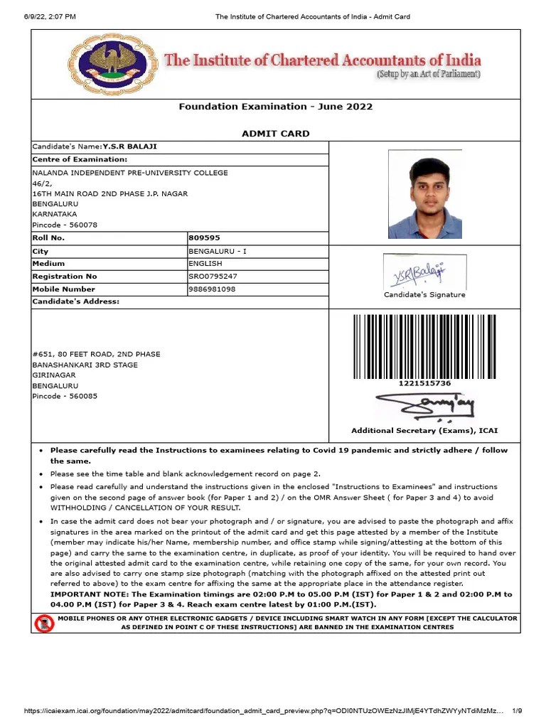 The Institute of Chartered Accountants of India Foundation Admit Card PDF Books