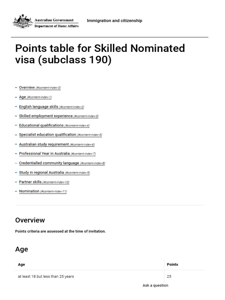 Points Table For Skilled Nominated Visa (Subclass 190) PDF Academic