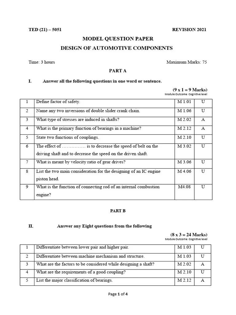 Model Question Paper Design of Automotive Components TED (21) 5051