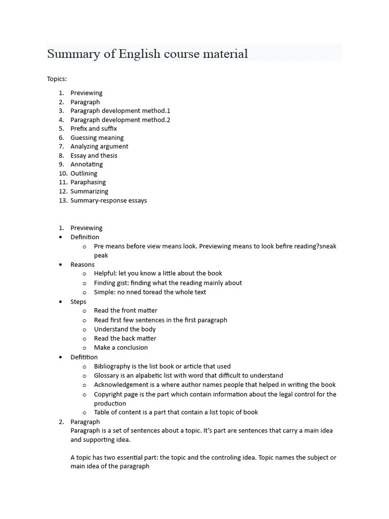 Summary of English Course Material PDF Word Paragraph